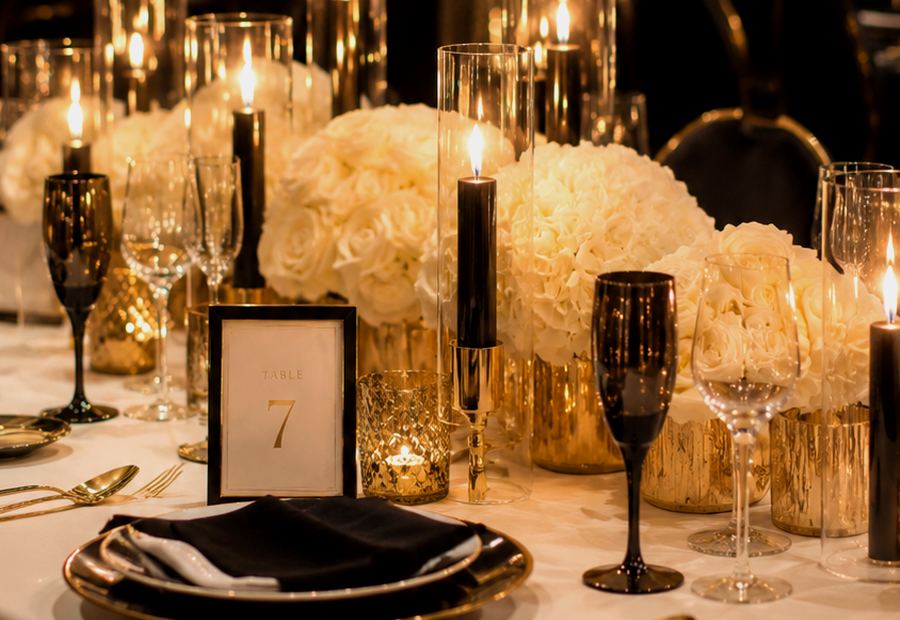 Event Linen Rentals for Black, Ivory and Gold Event Styling