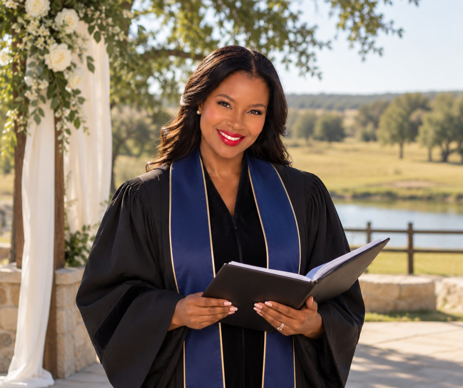 Wedding officiant wearing a navy ceremonial robe outdoors in a Manor-inspired countryside setting