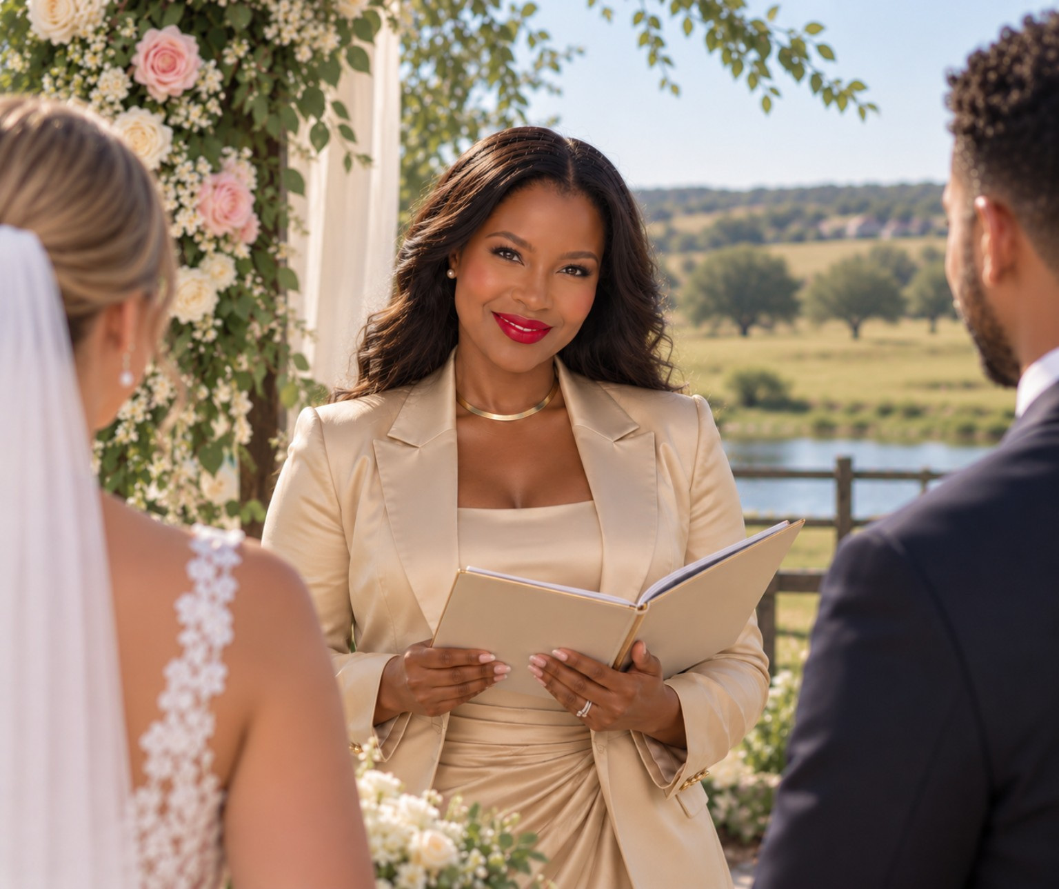 Wedding officiant in a champagne suit leading a couple's garden ceremony